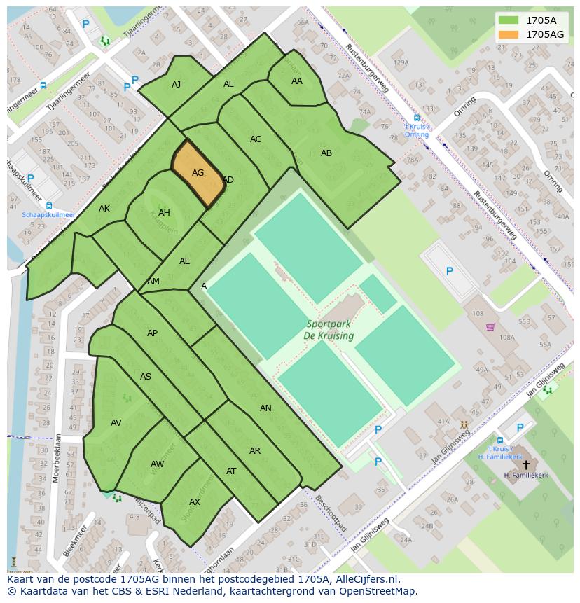 Afbeelding van het postcodegebied 1705 AG op de kaart.