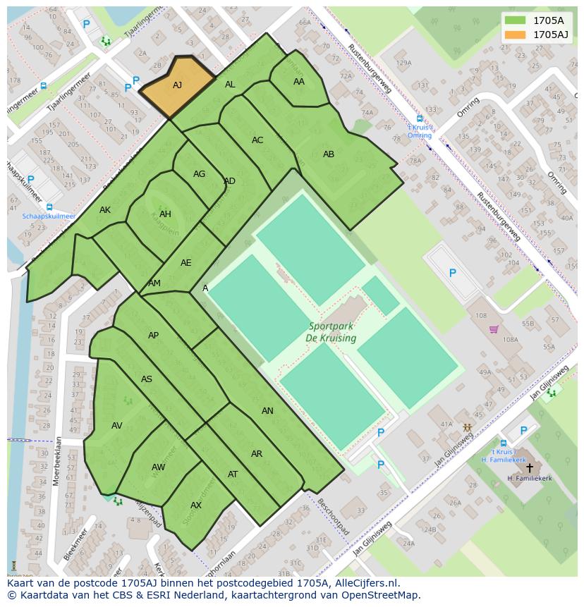 Afbeelding van het postcodegebied 1705 AJ op de kaart.