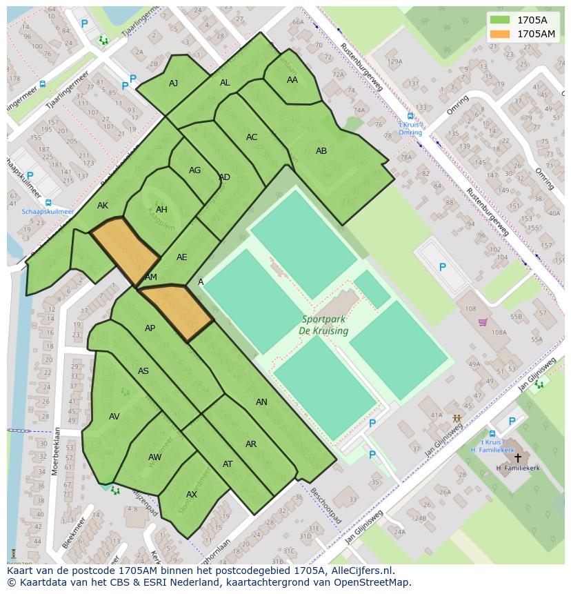 Afbeelding van het postcodegebied 1705 AM op de kaart.