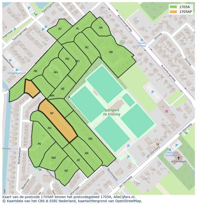 Afbeelding van het postcodegebied 1705 AP op de kaart.