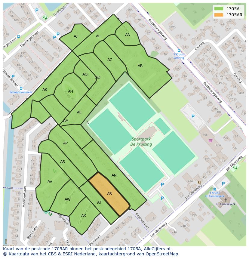 Afbeelding van het postcodegebied 1705 AR op de kaart.