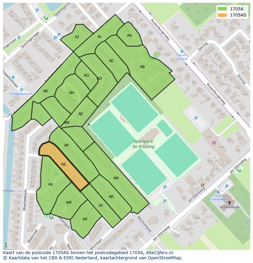 Afbeelding van het postcodegebied 1705 AS op de kaart.