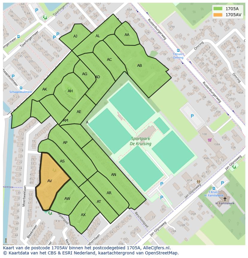 Afbeelding van het postcodegebied 1705 AV op de kaart.