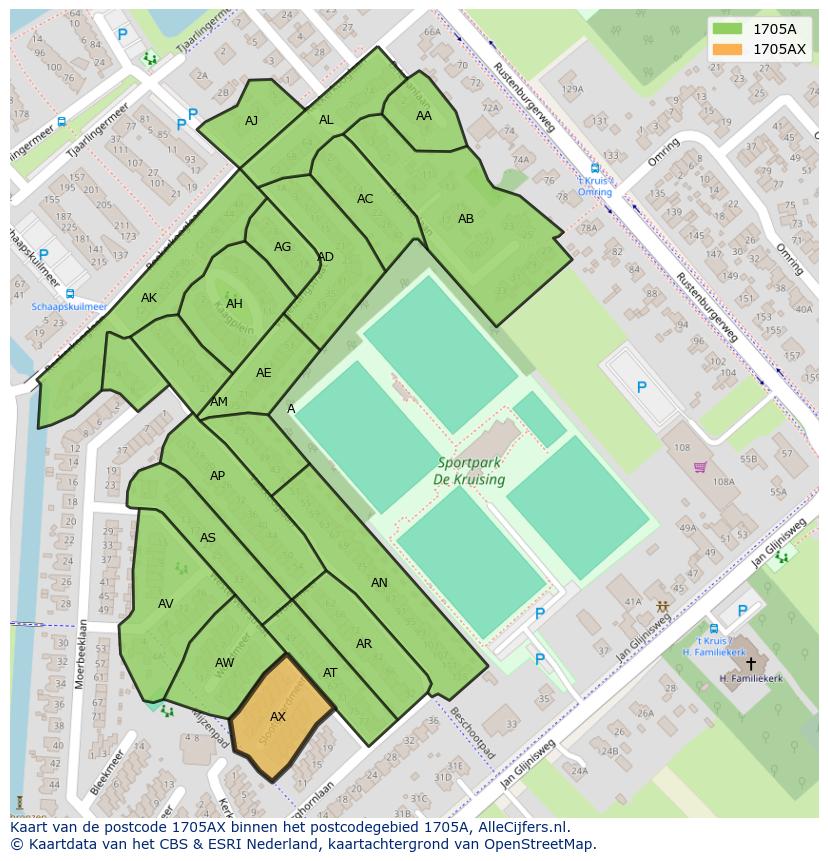 Afbeelding van het postcodegebied 1705 AX op de kaart.