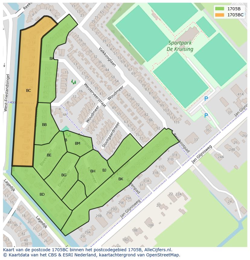 Afbeelding van het postcodegebied 1705 BC op de kaart.