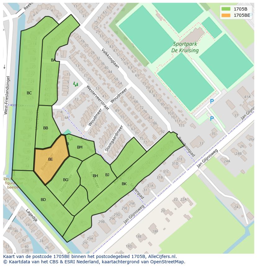 Afbeelding van het postcodegebied 1705 BE op de kaart.