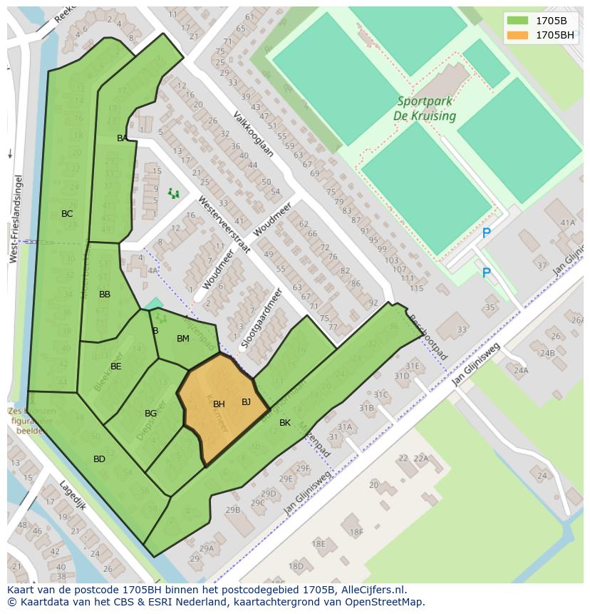 Afbeelding van het postcodegebied 1705 BH op de kaart.