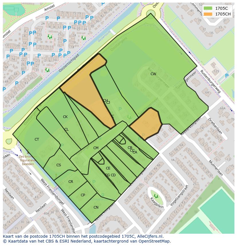 Afbeelding van het postcodegebied 1705 CH op de kaart.