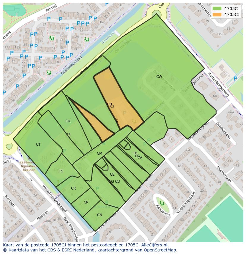 Afbeelding van het postcodegebied 1705 CJ op de kaart.