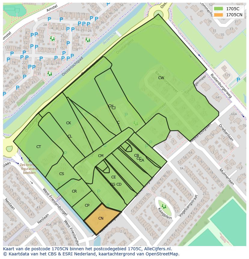 Afbeelding van het postcodegebied 1705 CN op de kaart.