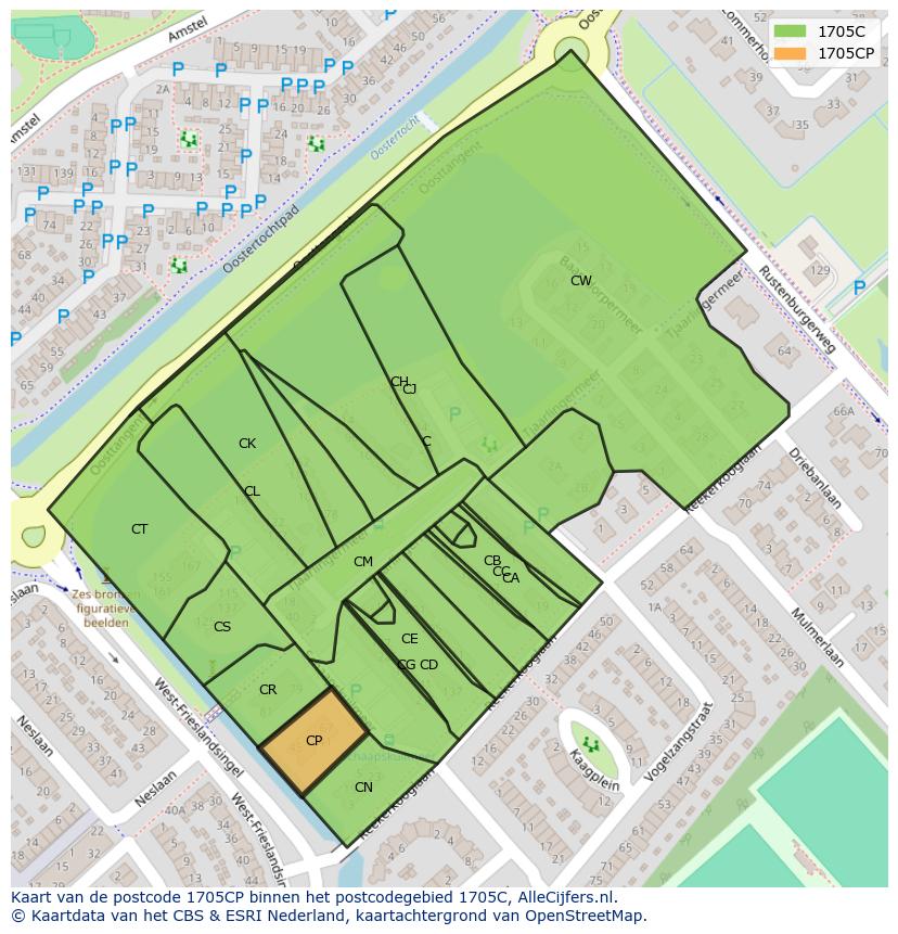 Afbeelding van het postcodegebied 1705 CP op de kaart.