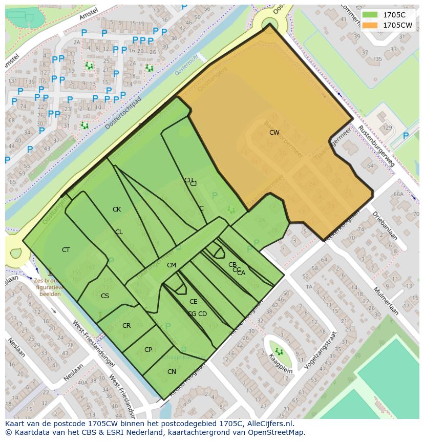 Afbeelding van het postcodegebied 1705 CW op de kaart.