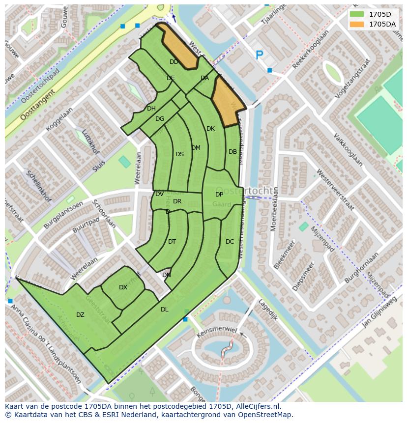 Afbeelding van het postcodegebied 1705 DA op de kaart.