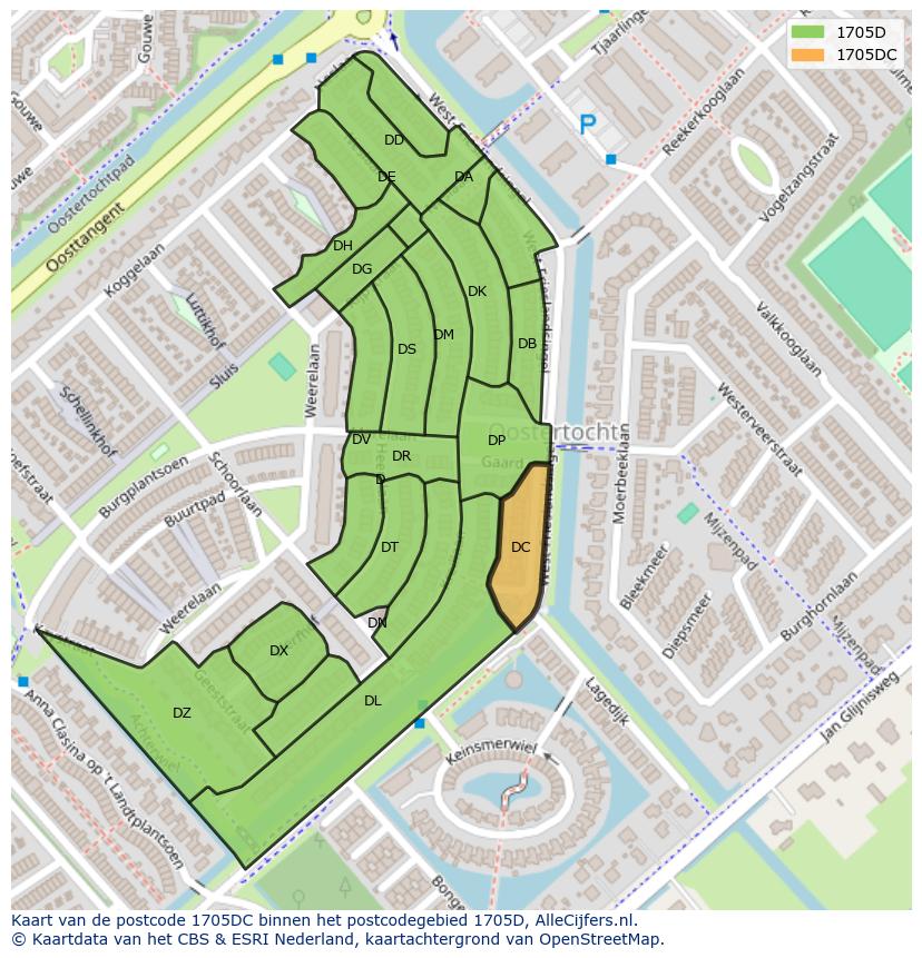 Afbeelding van het postcodegebied 1705 DC op de kaart.