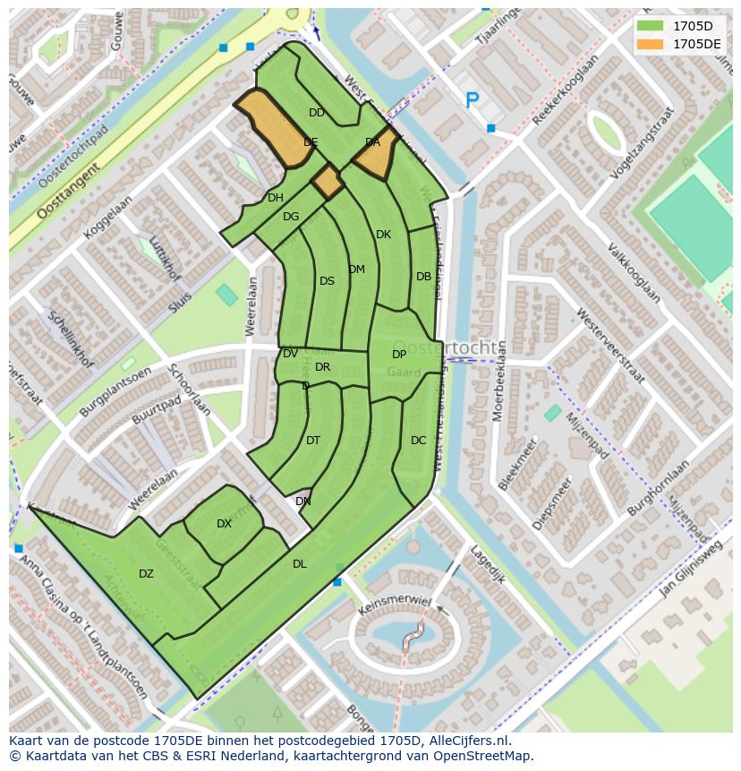 Afbeelding van het postcodegebied 1705 DE op de kaart.