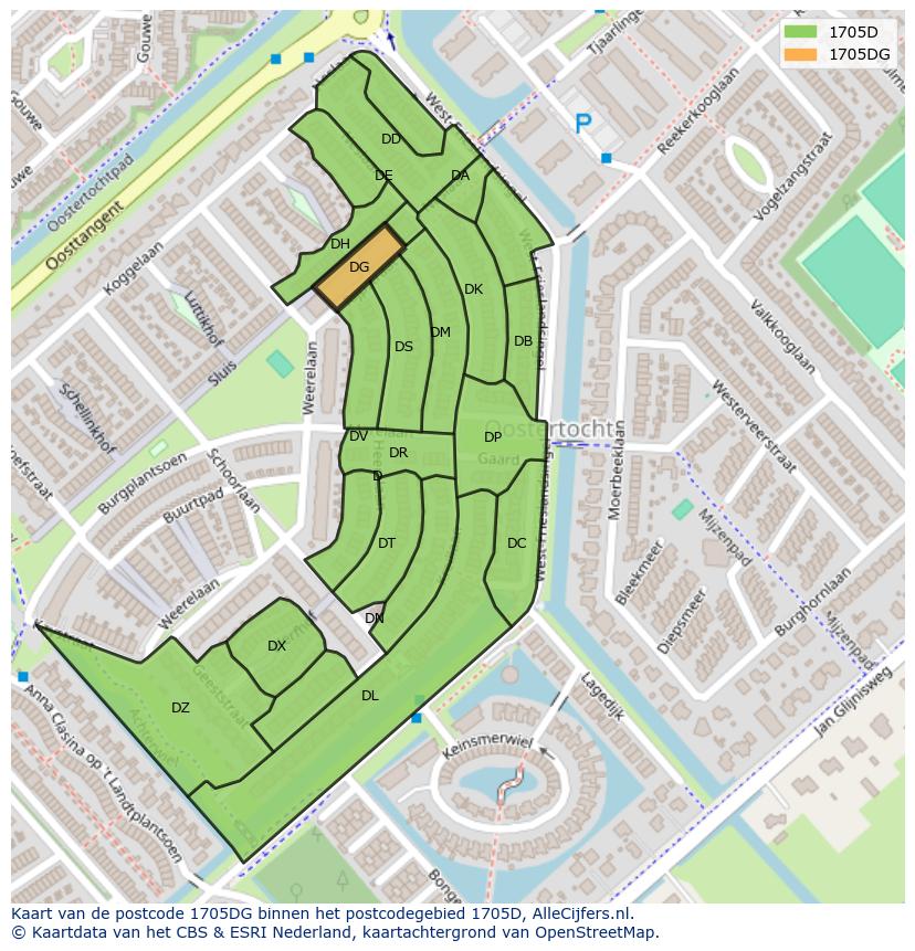 Afbeelding van het postcodegebied 1705 DG op de kaart.