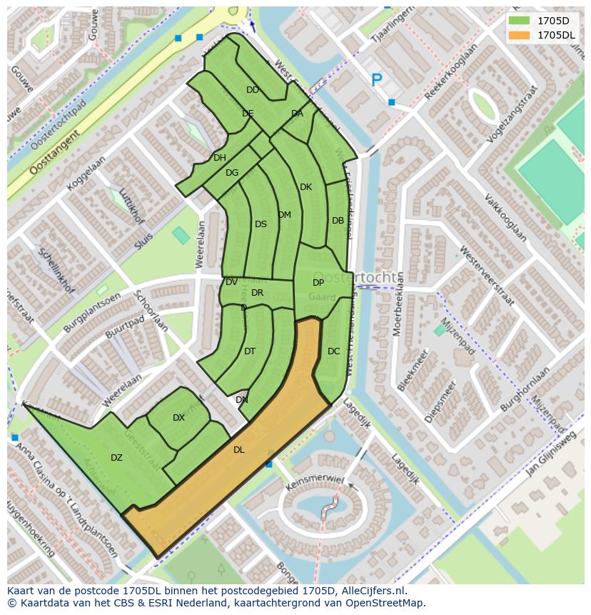 Afbeelding van het postcodegebied 1705 DL op de kaart.