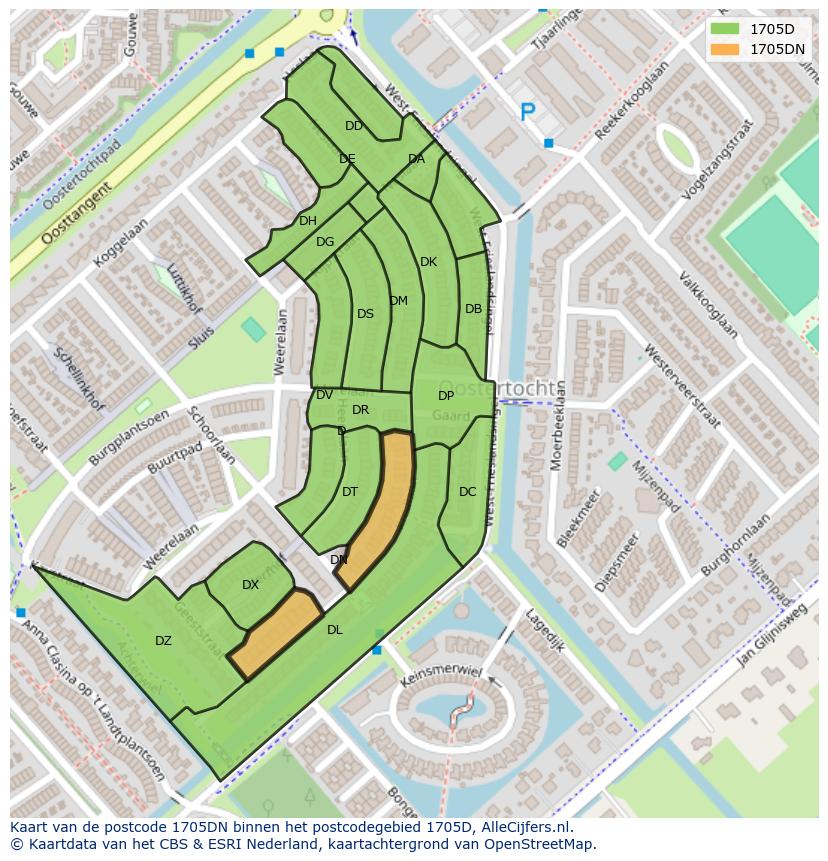 Afbeelding van het postcodegebied 1705 DN op de kaart.