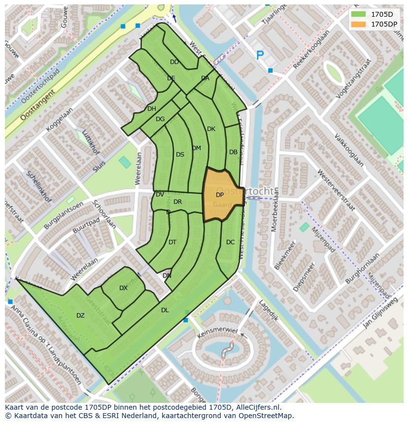 Afbeelding van het postcodegebied 1705 DP op de kaart.
