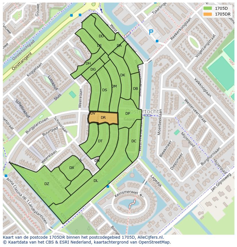 Afbeelding van het postcodegebied 1705 DR op de kaart.
