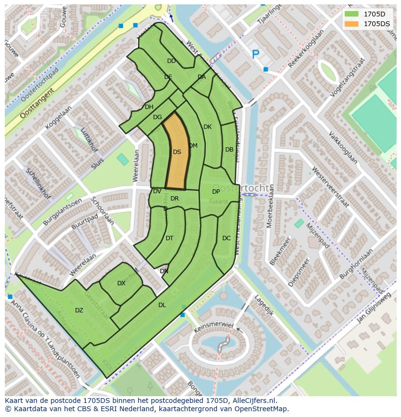 Afbeelding van het postcodegebied 1705 DS op de kaart.