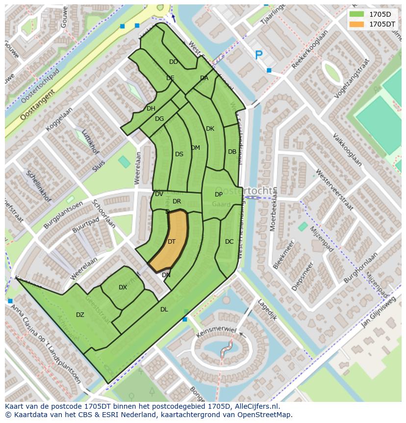 Afbeelding van het postcodegebied 1705 DT op de kaart.