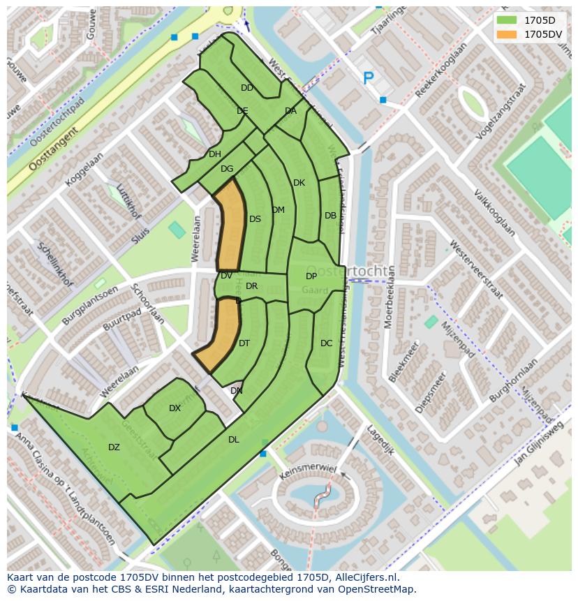 Afbeelding van het postcodegebied 1705 DV op de kaart.