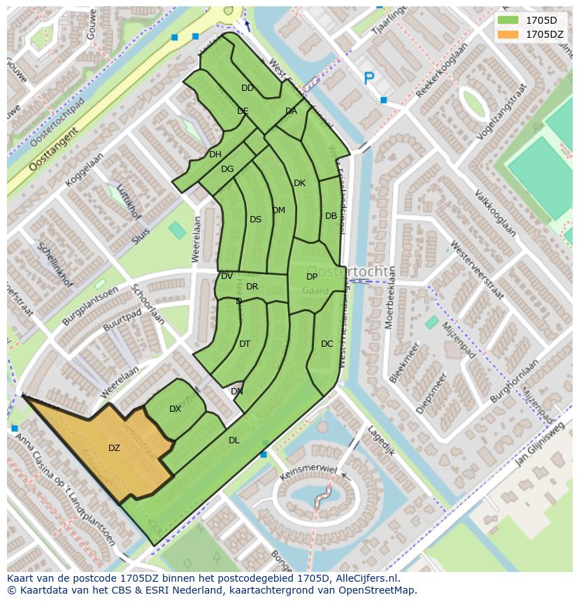 Afbeelding van het postcodegebied 1705 DZ op de kaart.
