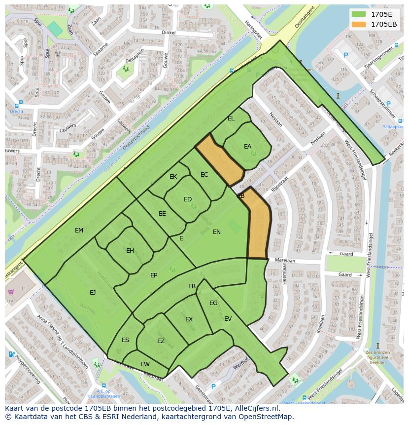 Afbeelding van het postcodegebied 1705 EB op de kaart.