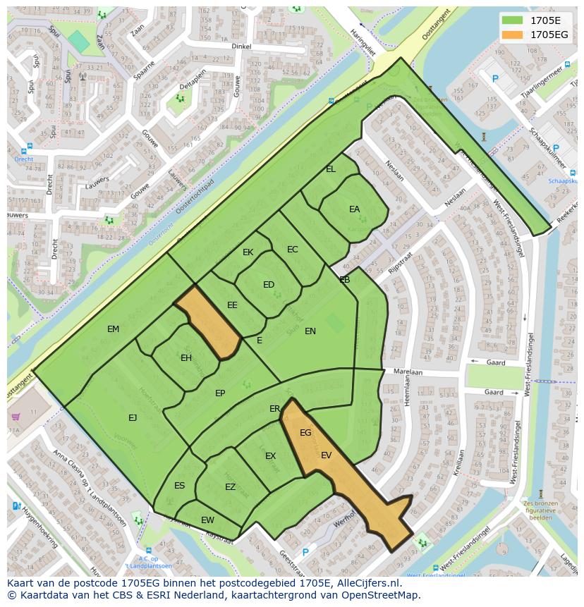 Afbeelding van het postcodegebied 1705 EG op de kaart.