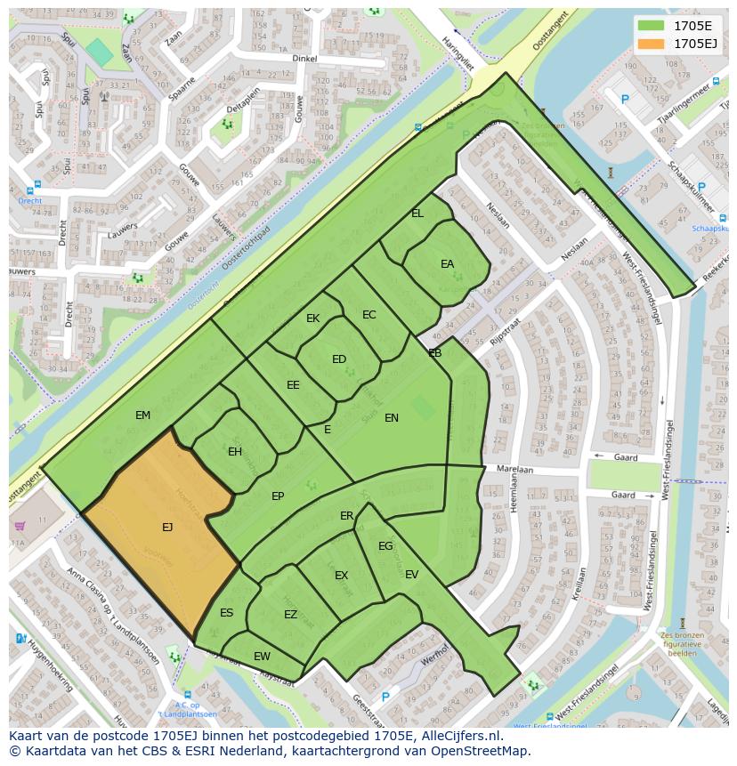Afbeelding van het postcodegebied 1705 EJ op de kaart.