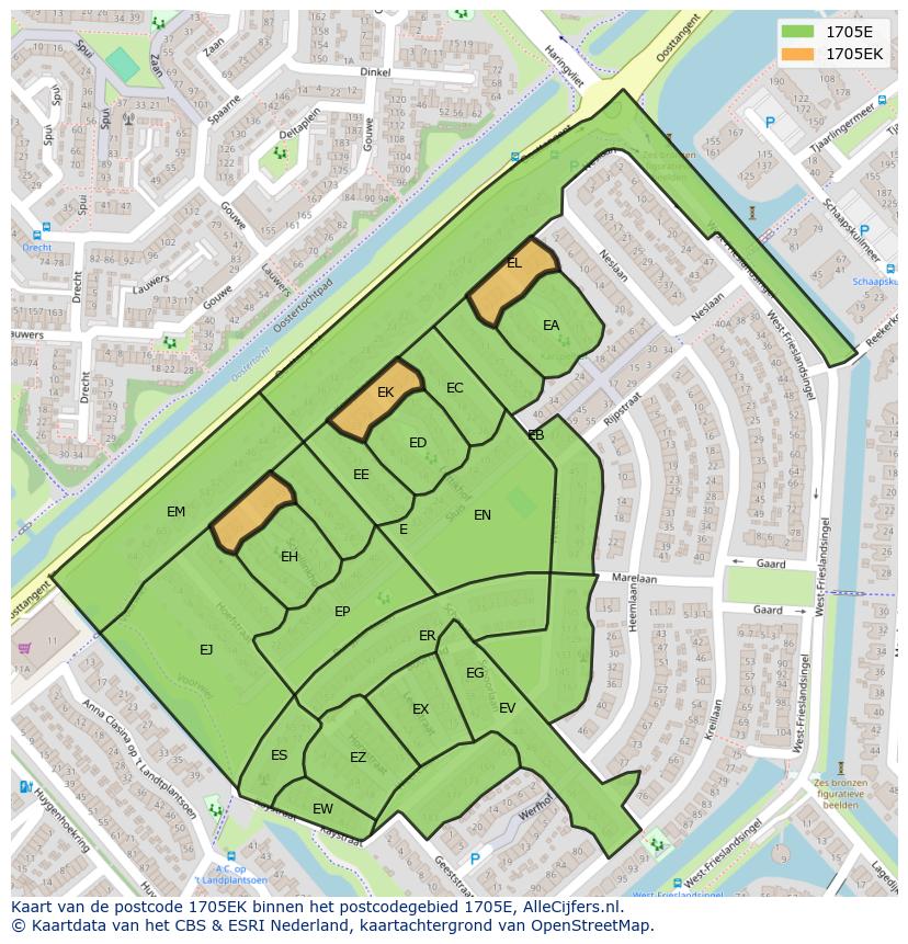 Afbeelding van het postcodegebied 1705 EK op de kaart.