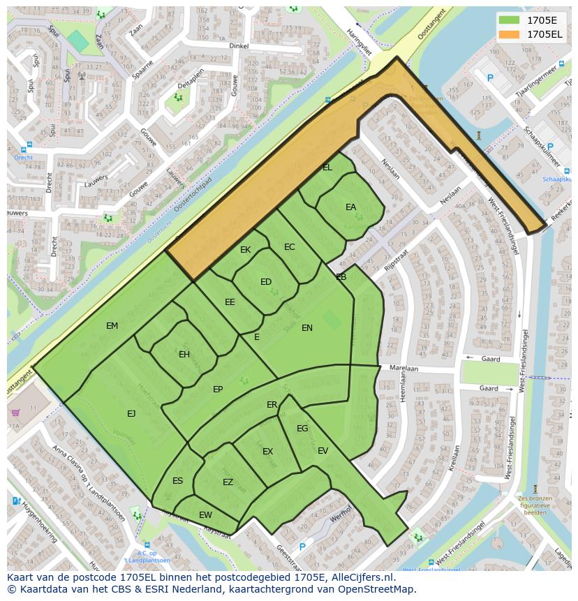 Afbeelding van het postcodegebied 1705 EL op de kaart.