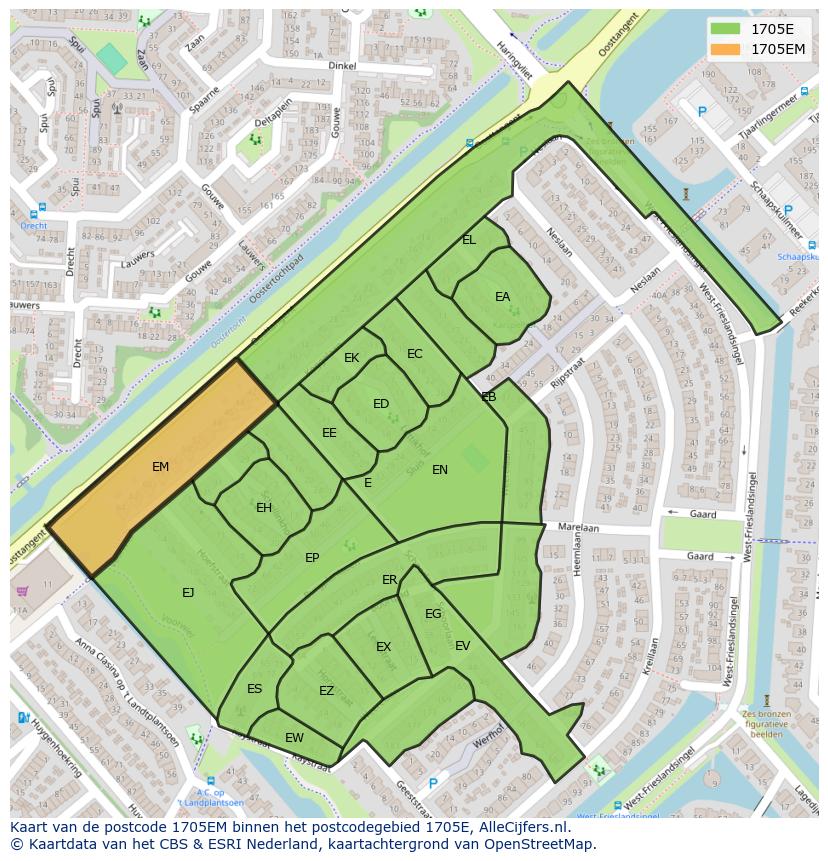 Afbeelding van het postcodegebied 1705 EM op de kaart.