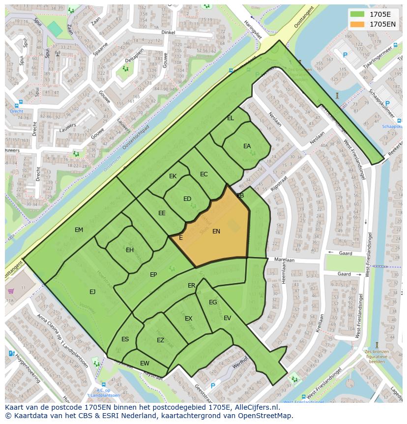 Afbeelding van het postcodegebied 1705 EN op de kaart.