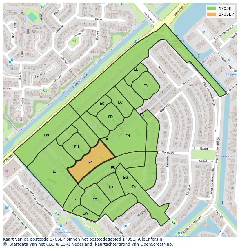 Afbeelding van het postcodegebied 1705 EP op de kaart.