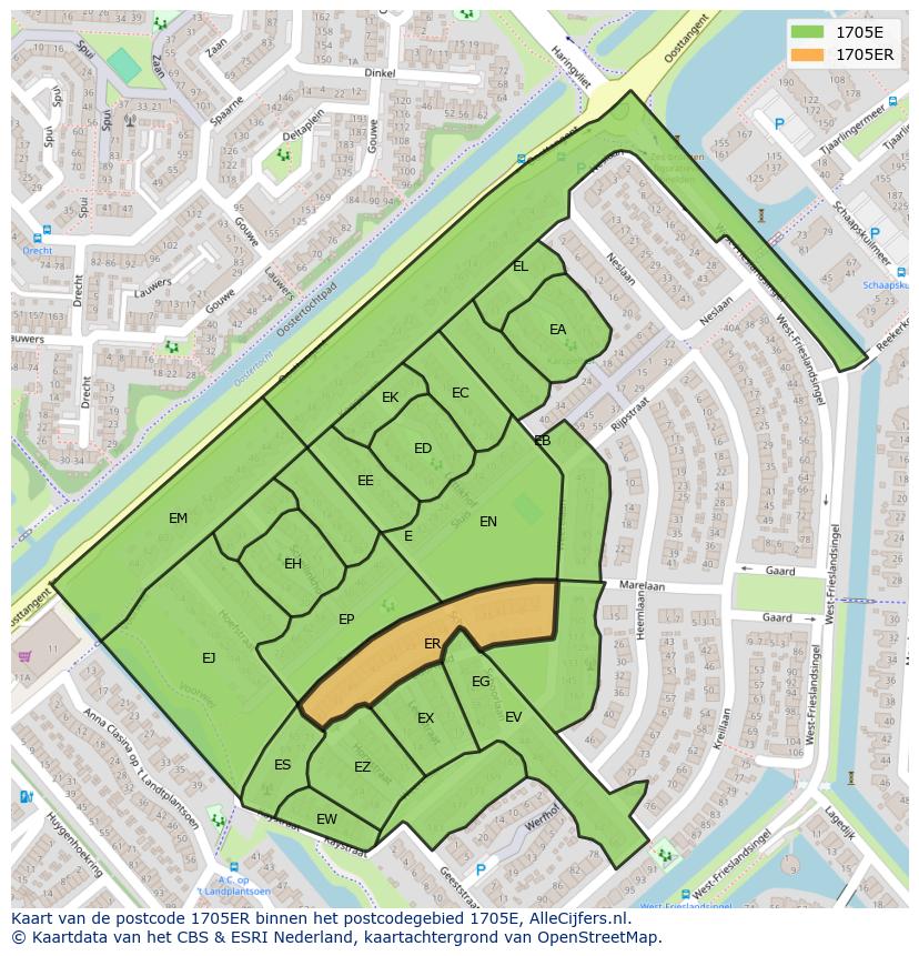 Afbeelding van het postcodegebied 1705 ER op de kaart.