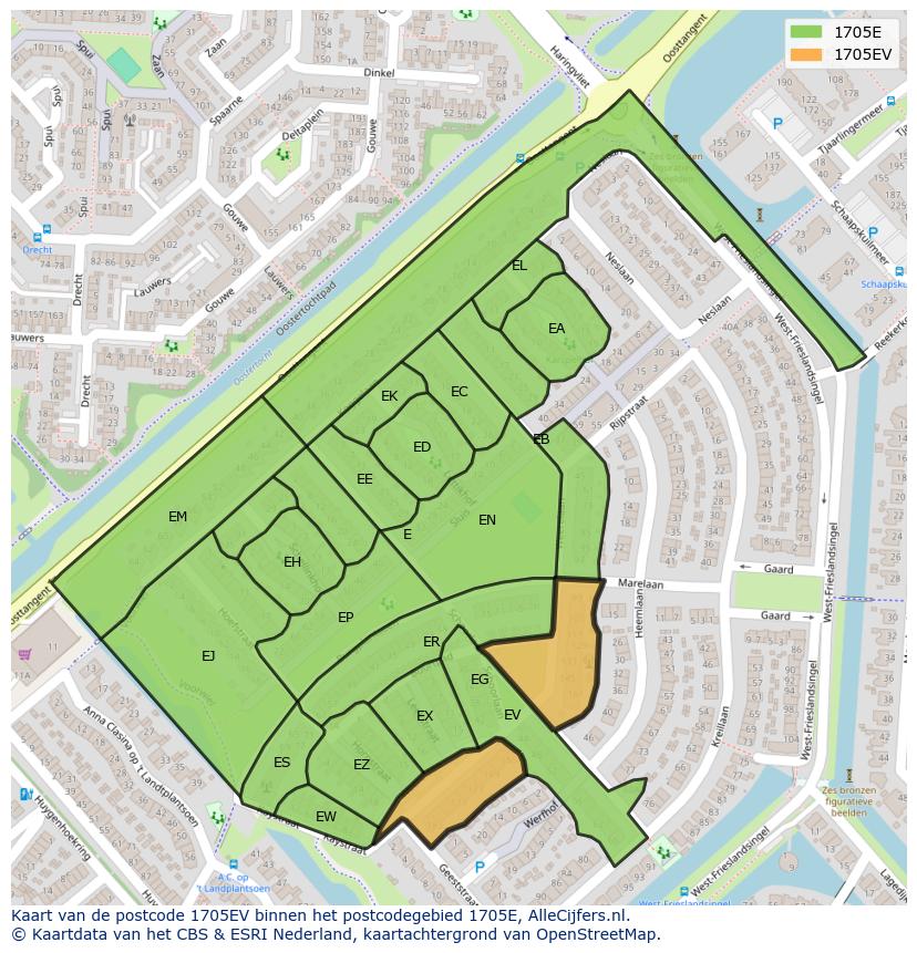 Afbeelding van het postcodegebied 1705 EV op de kaart.