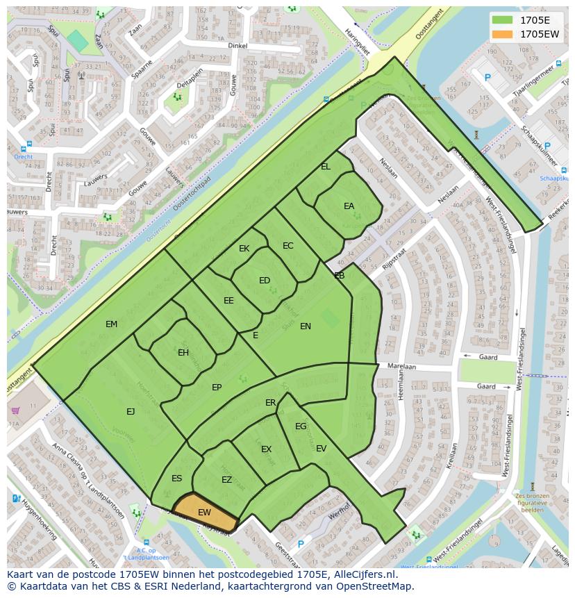 Afbeelding van het postcodegebied 1705 EW op de kaart.