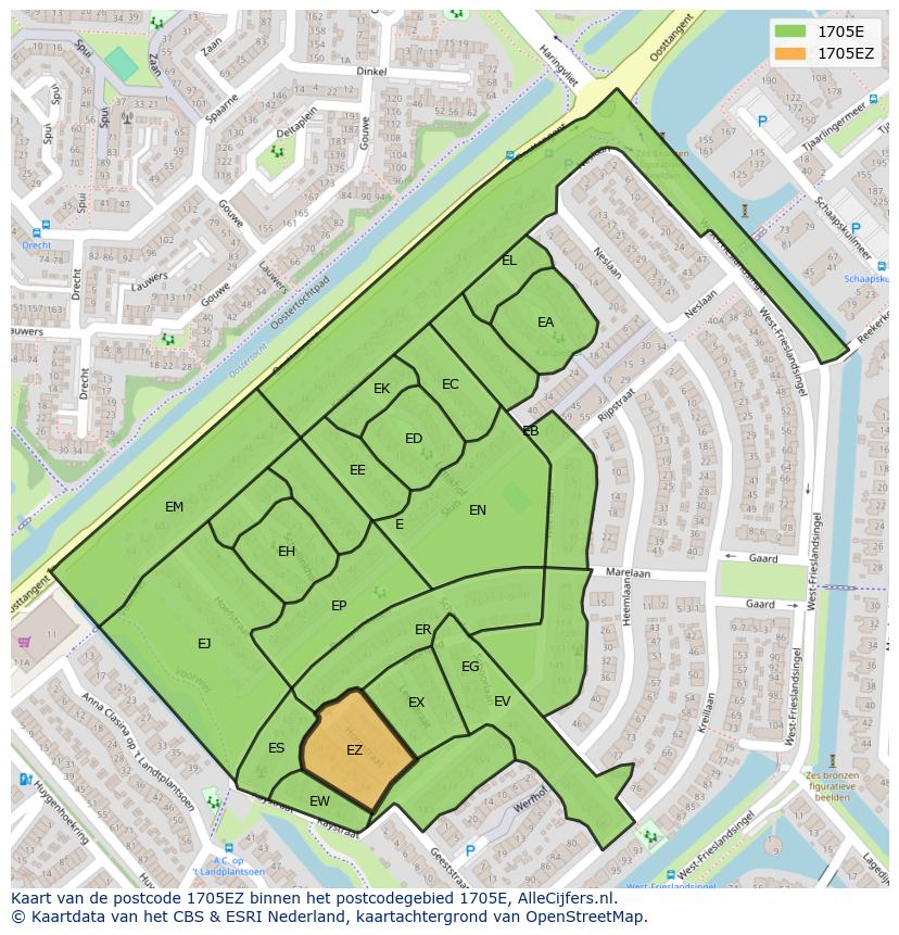 Afbeelding van het postcodegebied 1705 EZ op de kaart.