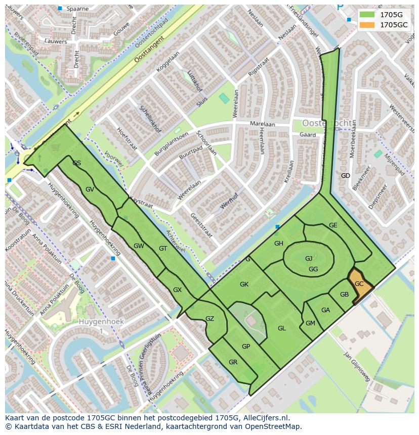 Afbeelding van het postcodegebied 1705 GC op de kaart.
