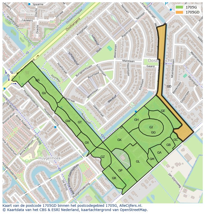 Afbeelding van het postcodegebied 1705 GD op de kaart.