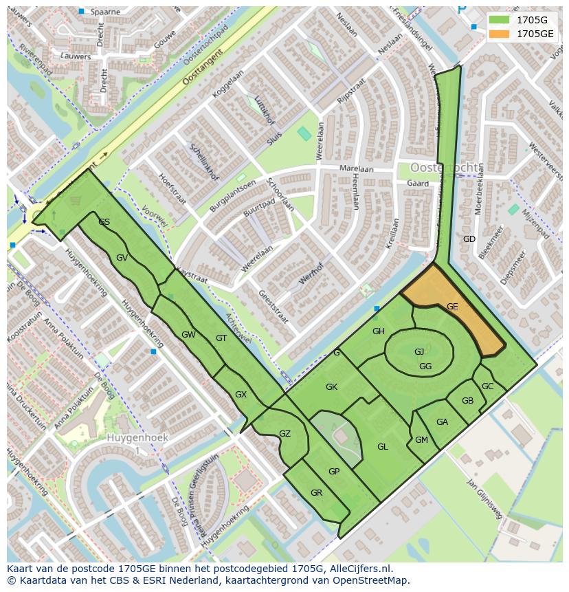 Afbeelding van het postcodegebied 1705 GE op de kaart.