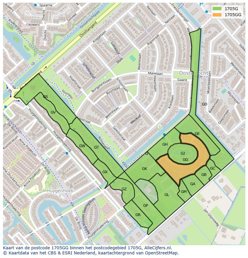 Afbeelding van het postcodegebied 1705 GG op de kaart.