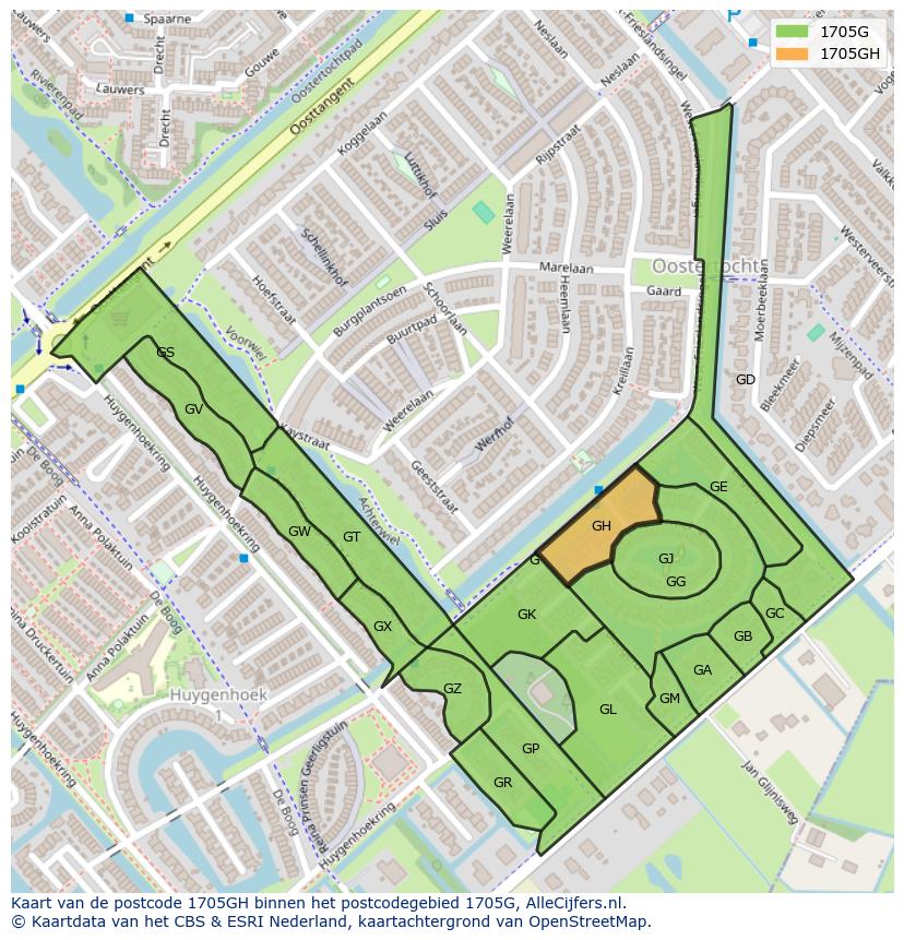 Afbeelding van het postcodegebied 1705 GH op de kaart.