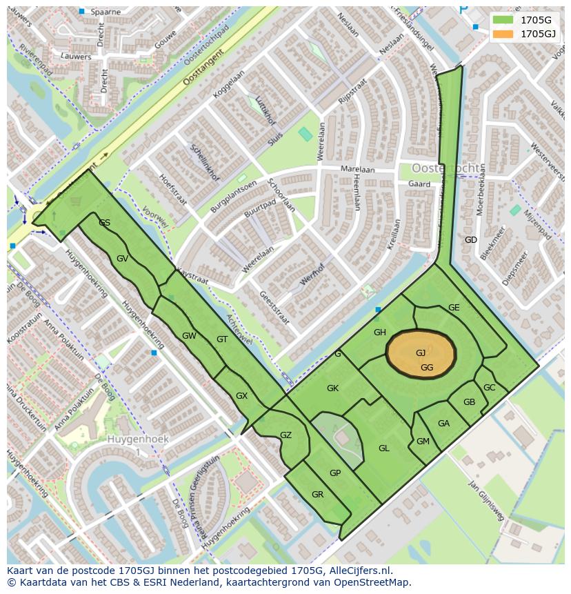 Afbeelding van het postcodegebied 1705 GJ op de kaart.