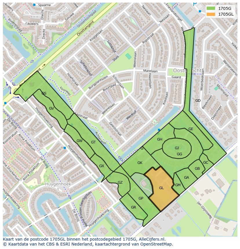 Afbeelding van het postcodegebied 1705 GL op de kaart.