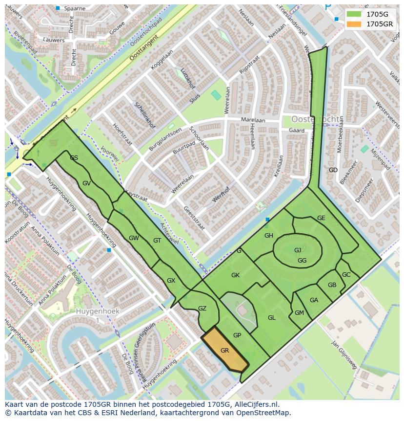 Afbeelding van het postcodegebied 1705 GR op de kaart.