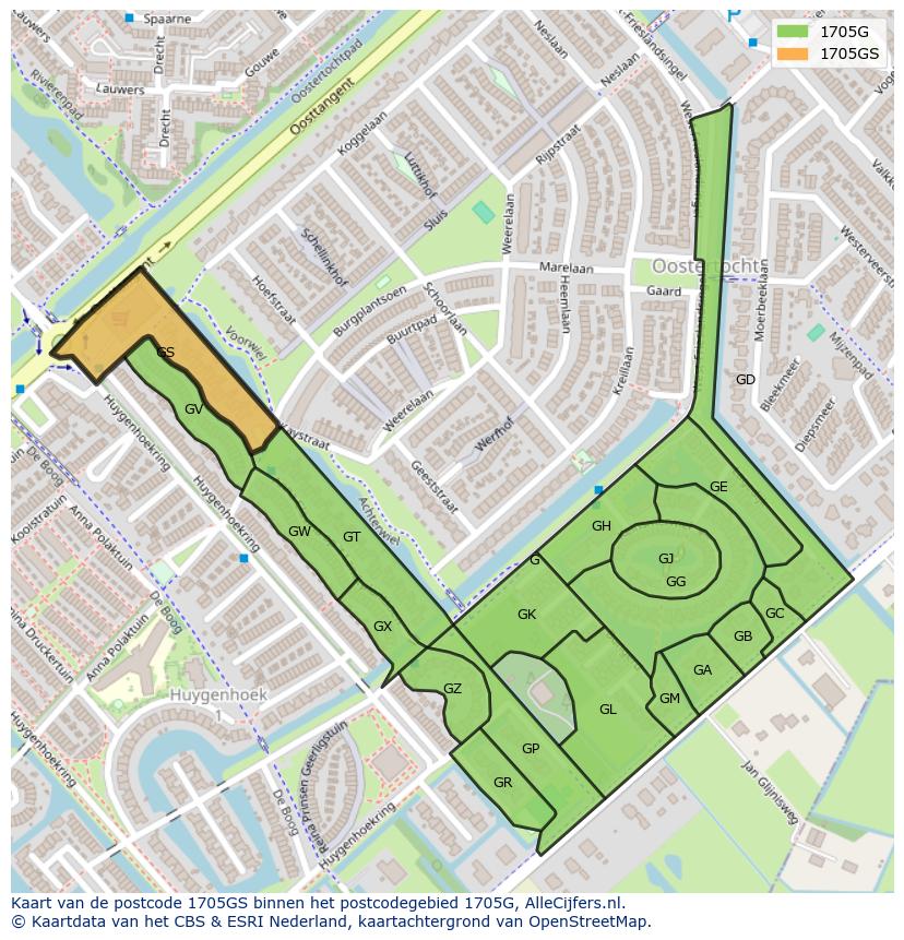 Afbeelding van het postcodegebied 1705 GS op de kaart.