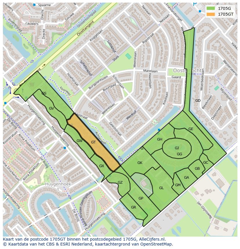 Afbeelding van het postcodegebied 1705 GT op de kaart.